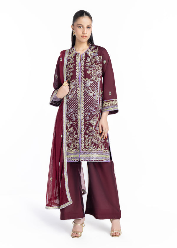 D-Maroon-Cotton Net-3 Piece-(WPS25FE3051)
