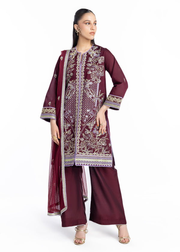 D-Maroon-Cotton Net-3 Piece-(WPS25FE3051)