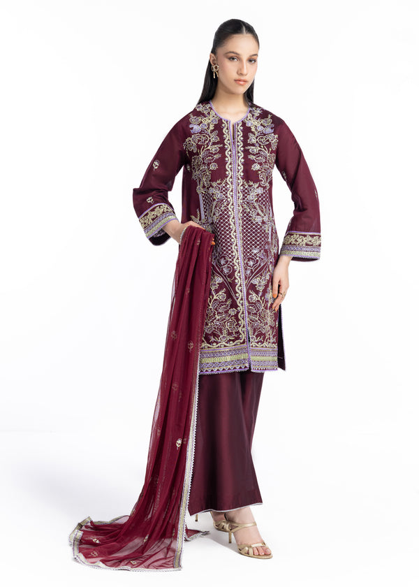 D-Maroon-Cotton Net-3 Piece-(WPS25FE3051)