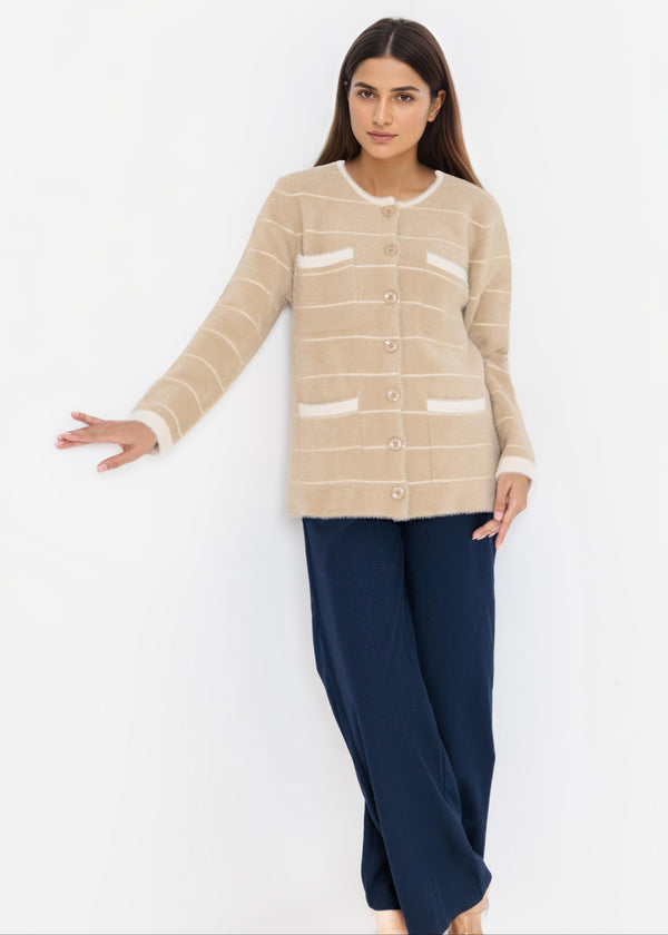 Apricot-Round Neck Full Sleeves Cardigan Sweater (25Y-004-67)