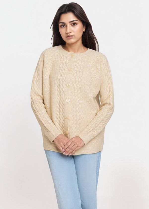 Beige-Round Neck Full Sleeves Cardigan Sweater (25Y-009-67)