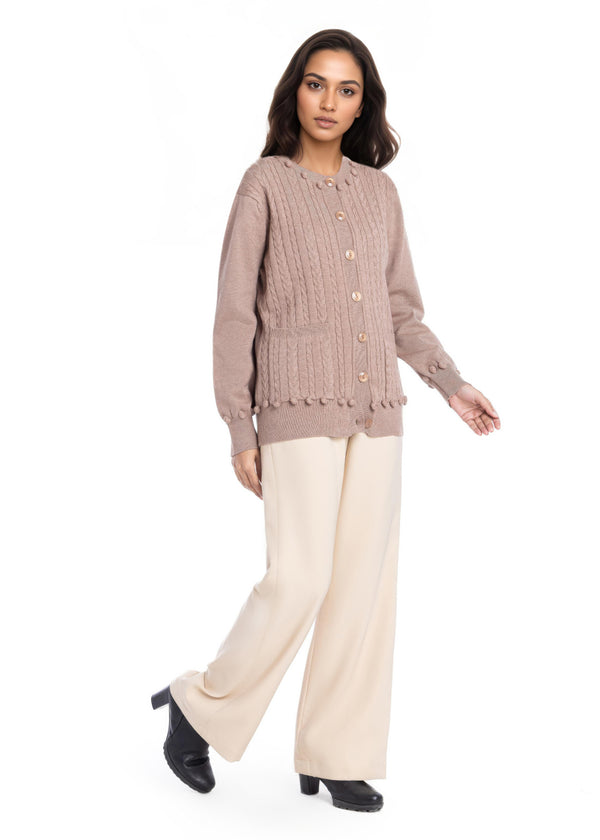 D-Beige-Round Neck Full Sleeves Cardigan Sweater (25Y-010-67)