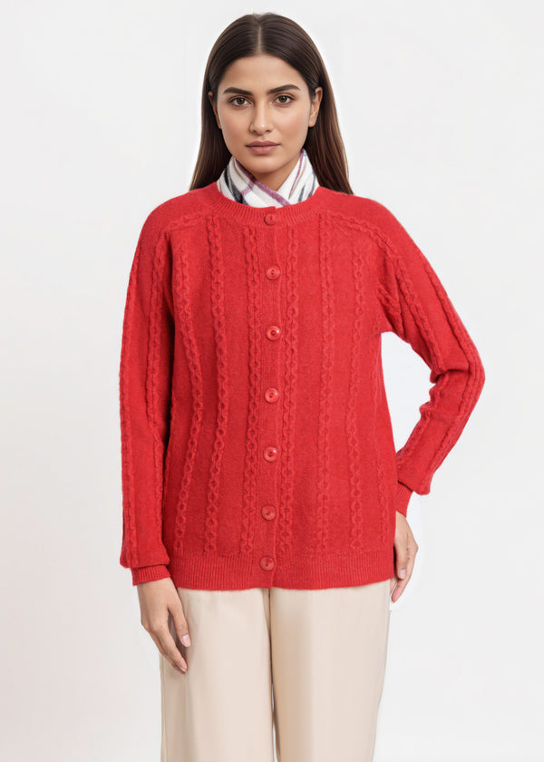 Red-Round Neck Full Sleeves Cardigan Sweater (25Y-012-67)