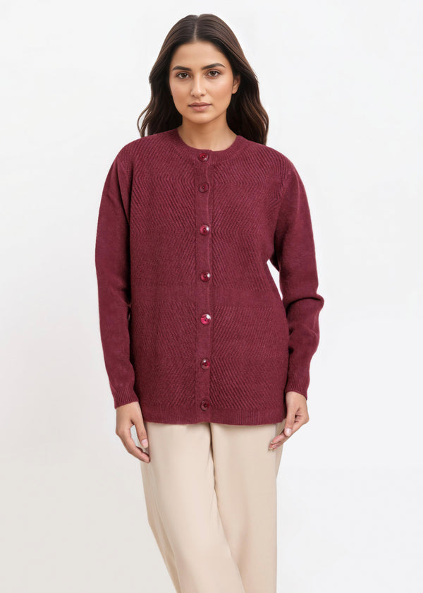 Maroon-Round Neck Full Sleeves Cardigan Sweater (25Y-016-67)