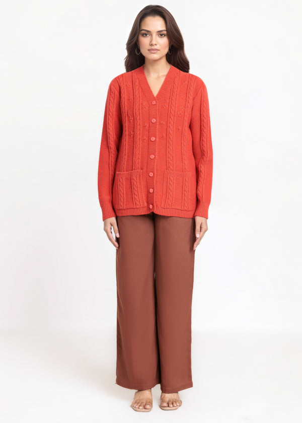 Rust-V-Cardigan Full Sleeves Sweater (25Y-025-67)