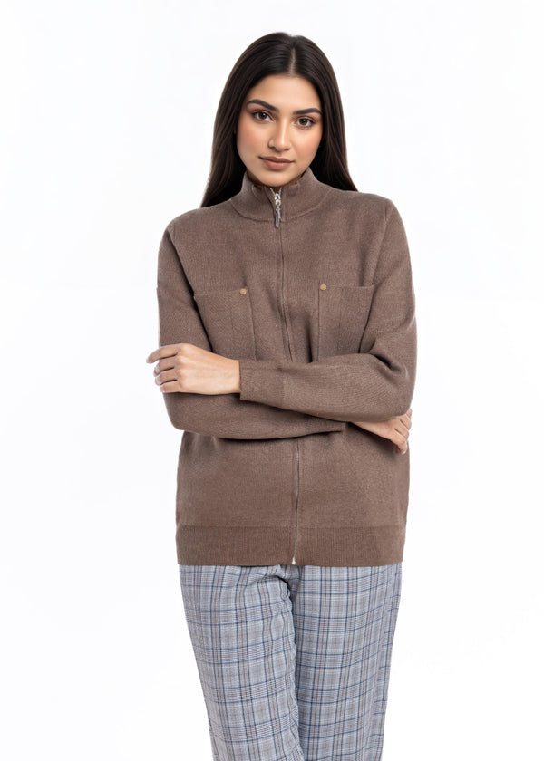 N-Brown-Turtle Neck Zipper Full Sleeves Sweater (25Y-026-67)