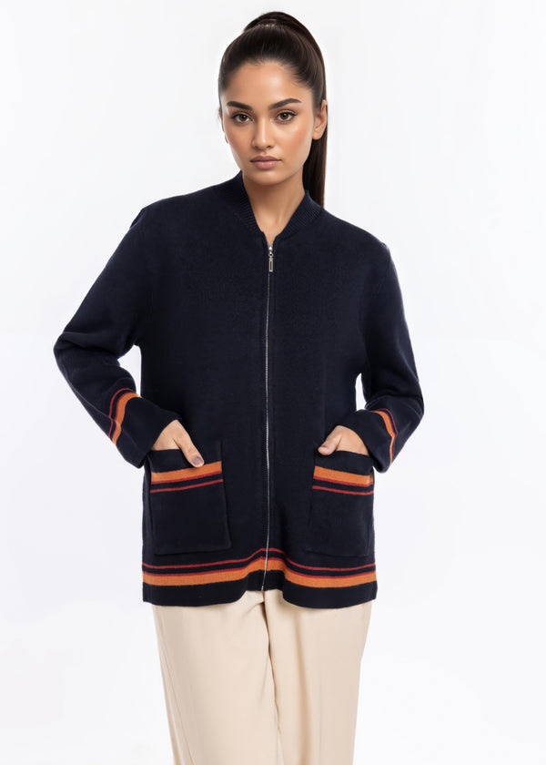 Black-Baseball Collar Zipper Full Sleeves Sweater (25Y-027-67)