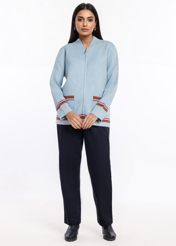 Ice-Blue-Baseball Collar Zipper Full Sleeves Sweater (25Y-027-67)