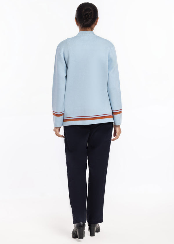 Ice-Blue-Baseball Collar Zipper Full Sleeves Sweater (25Y-027-67)