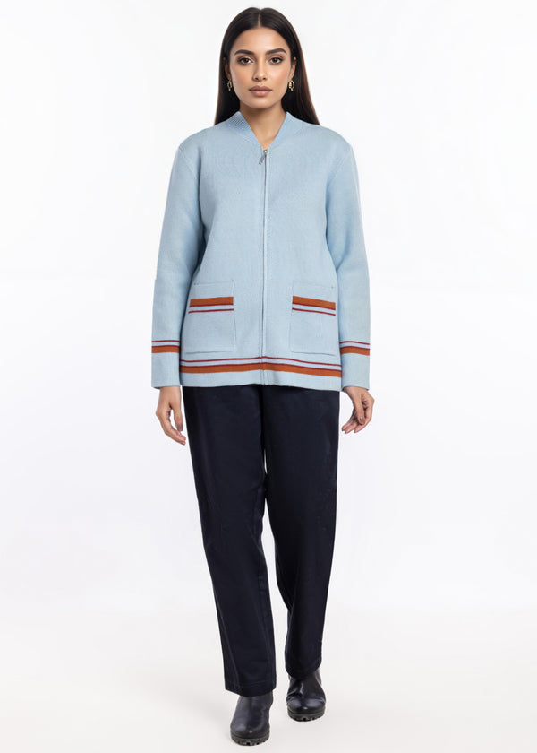 Ice-Blue-Baseball Collar Zipper Full Sleeves Sweater (25Y-027-67)