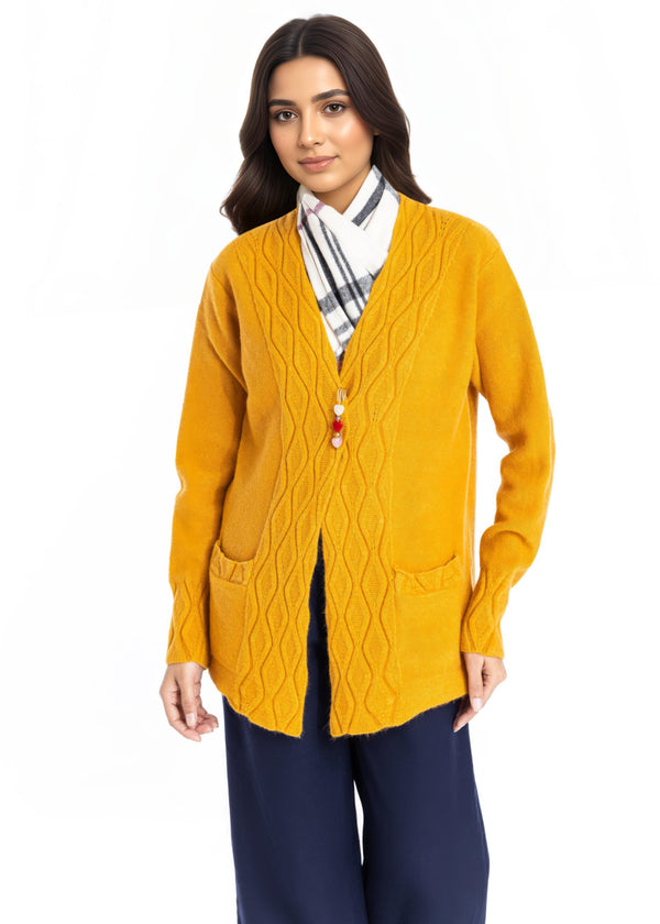 Mustard-V-Cardigan Full Sleeves Sweater (25Y-028-67)