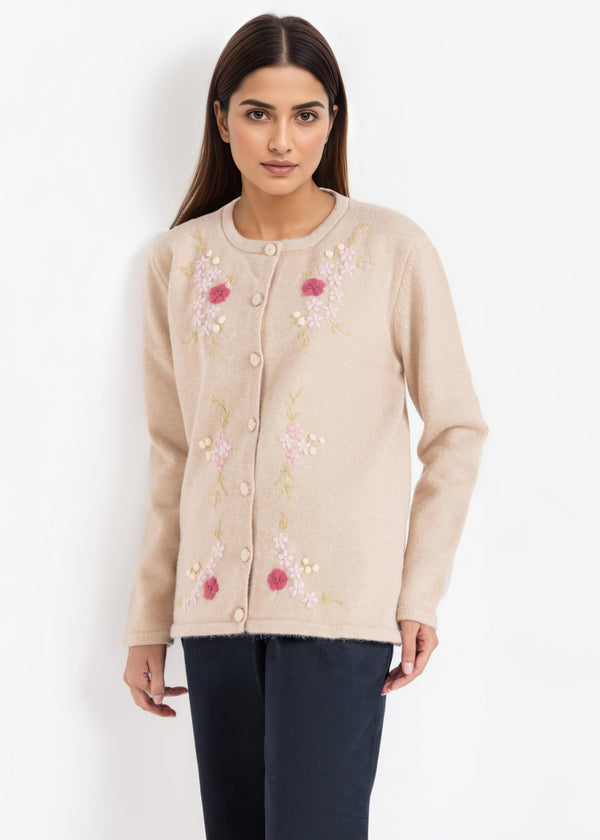 Beige-Round Neck Full Sleeves Cardigan Sweater (25Y-031-67)