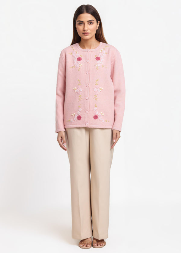 L-Pink-Round Neck Full Sleeves Cardigan Sweater (25Y-031-67)