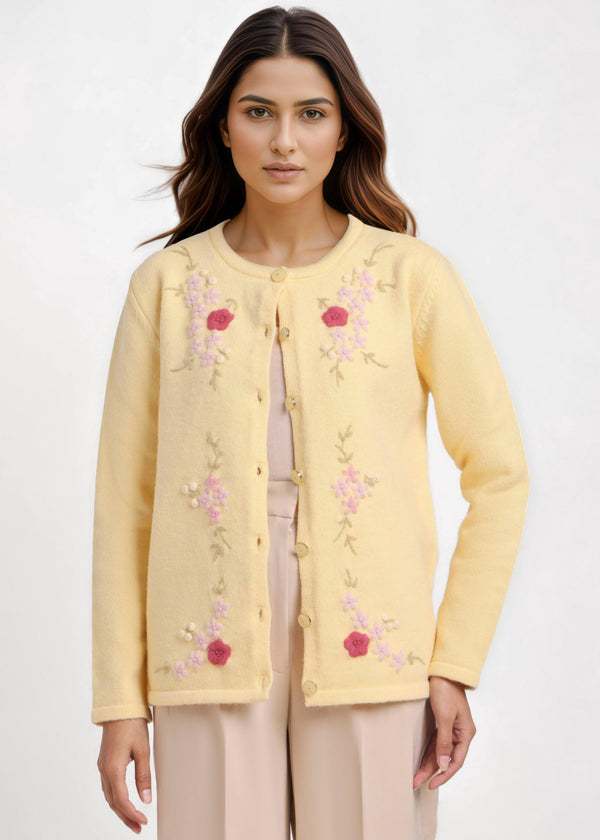 L-Yellow-Round Neck Full Sleeves Cardigan Sweater (25Y-031-67)