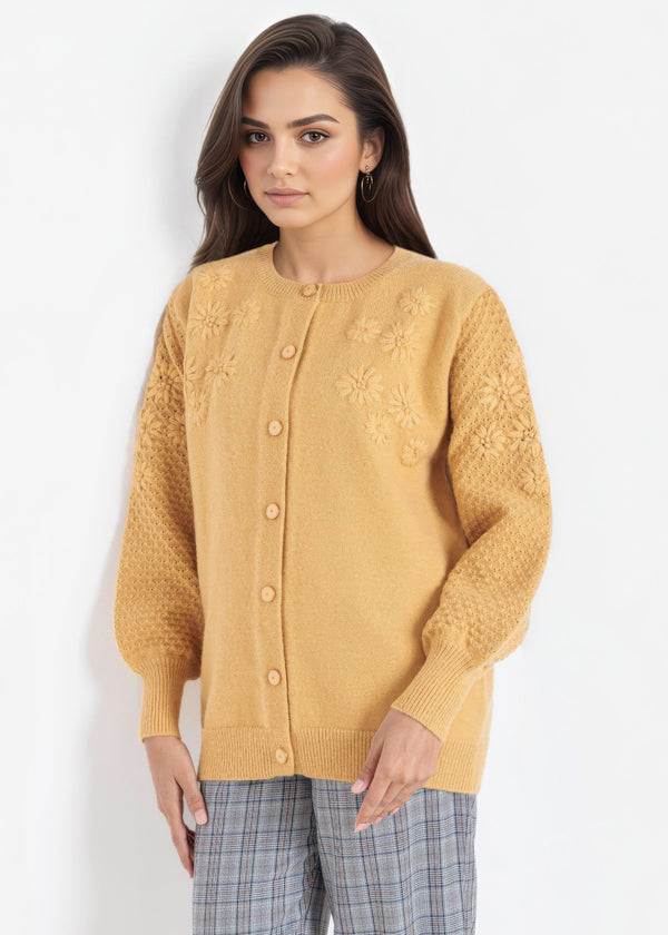 Mustard-Round Neck Full Sleeves Cardigan Sweater (25Y-032-67)