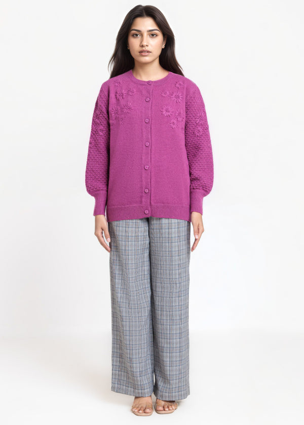 Purple-Round Neck Full Sleeves Cardigan Sweater (25Y-032-67)