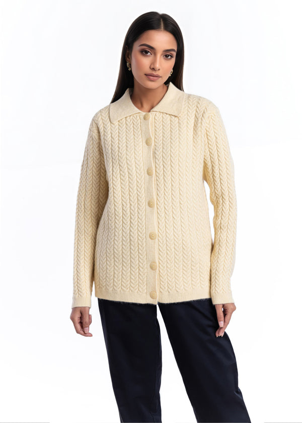 Cream-Wing Collar Full Sleeves Cardigan Sweater (25Y-033-67)