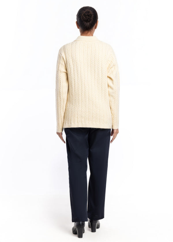 Cream-Wing Collar Full Sleeves Cardigan Sweater (25Y-033-67)