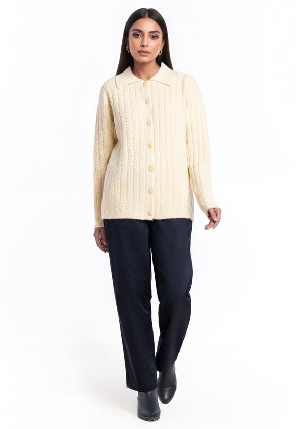 Cream-Wing Collar Full Sleeves Cardigan Sweater (25Y-033-67)