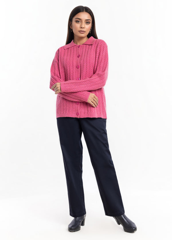 Pink-Wing Collar Full Sleeves Cardigan Sweater (25Y-033-67)