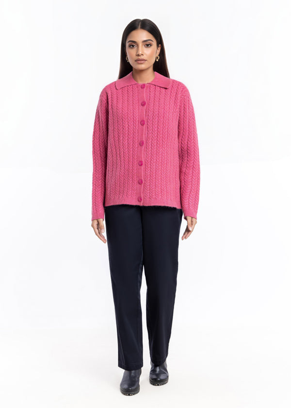 Pink-Wing Collar Full Sleeves Cardigan Sweater (25Y-033-67)