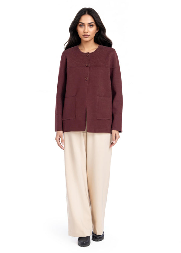 Maroon-Round Neck Full Sleeves Cardigan Sweater (25Y-034-67)