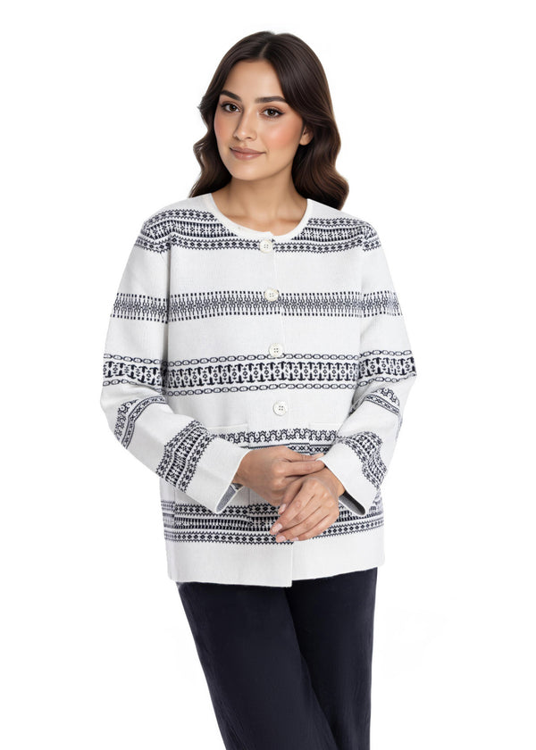 O-White-Round Neck Full Sleeves Cardigan Sweater (25Y-039-67)