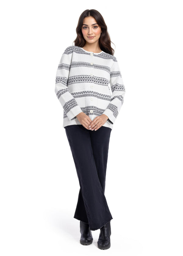 O-White-Round Neck Full Sleeves Cardigan Sweater (25Y-039-67)