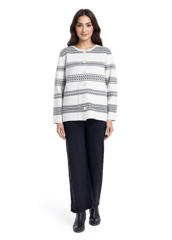 O-White-Round Neck Full Sleeves Cardigan Sweater (25Y-039-67)