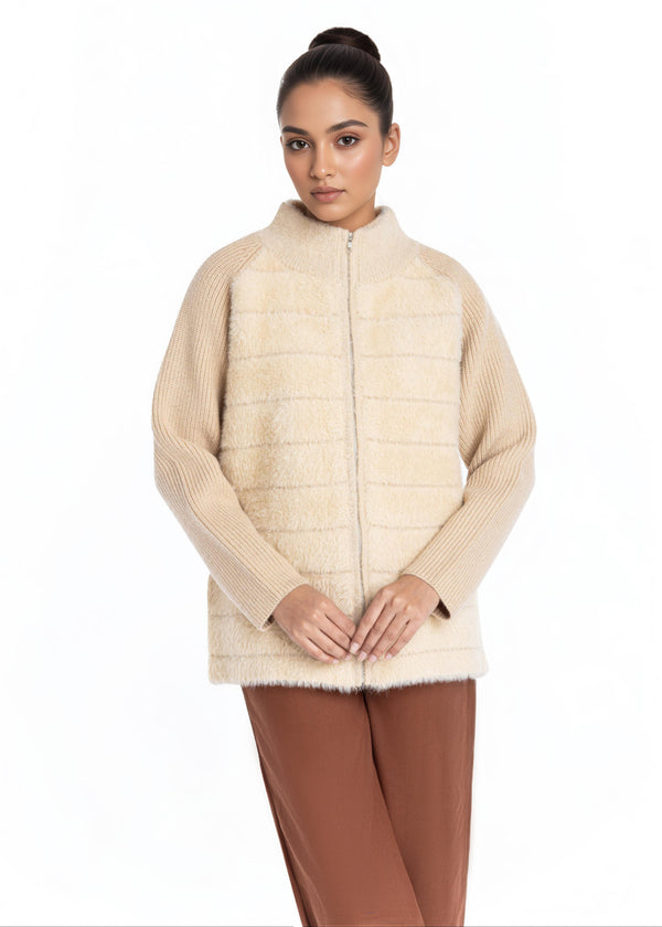 Beige-Turtle Neck Collar Zipper Reglan Sleeves Sweater (25Y-044-67)