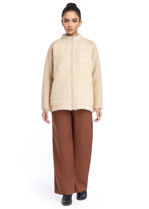 Beige-Turtle Neck Collar Zipper Reglan Sleeves Sweater (25Y-044-67)