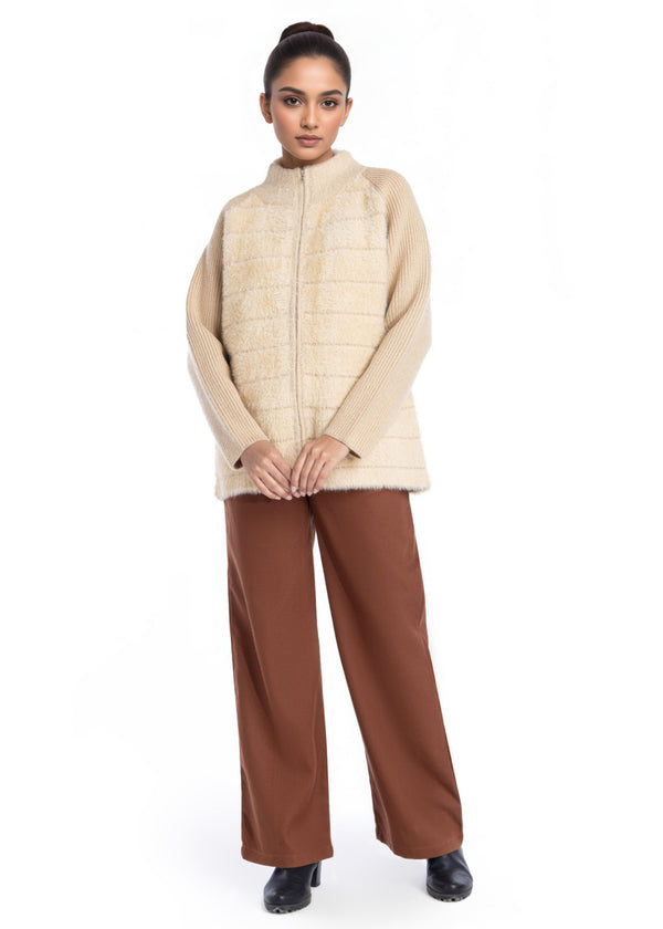 Beige-Turtle Neck Collar Zipper Reglan Sleeves Sweater (25Y-044-67)