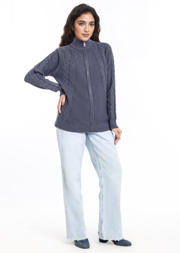 Charcoal-Turtle Neck Collar Zipper Full Sleeves Sweater (25Y-046-67)