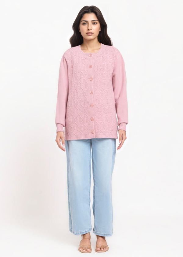 Pink-Round Neck Full Sleeves Cardigan Sweater (25Y-055-67)