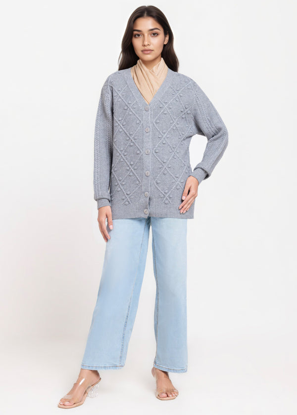 Grey-V-Cardigan Full Sleeves Sweater (25Y-056-67)