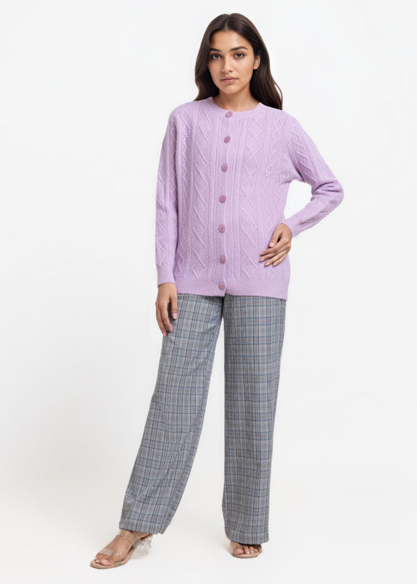Lavender-Round Neck Full Sleeves Cardigan Sweater (25Y-057-67)