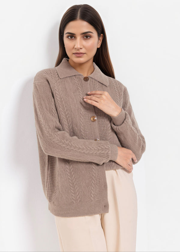 N-Brown-Wing Collar Cardigan Full Sleeves Sweater (25Y-058-67)