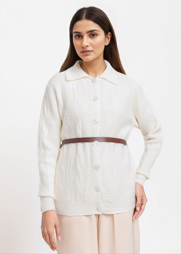 O-White-Wing Collar Cardigan Full Sleeves Sweater (25Y-058-67)