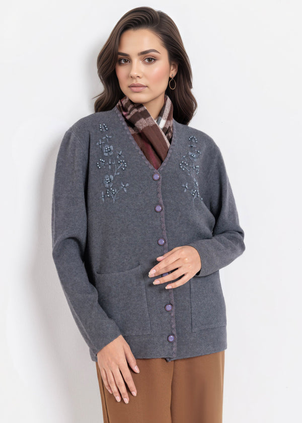 Charcoal-V-Cardigan Full Sleeves Sweater (25Y-060-67)