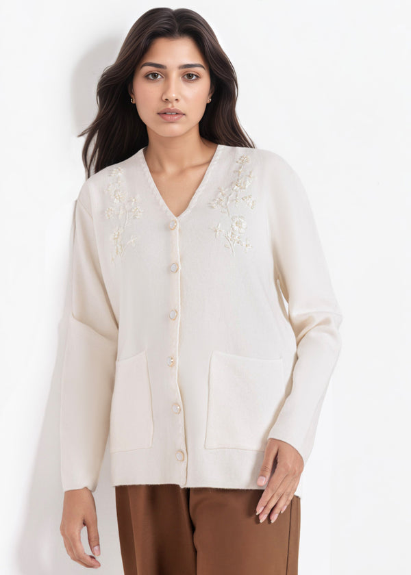 O-White-V-Cardigan Full Sleeves Sweater (25Y-060-67)