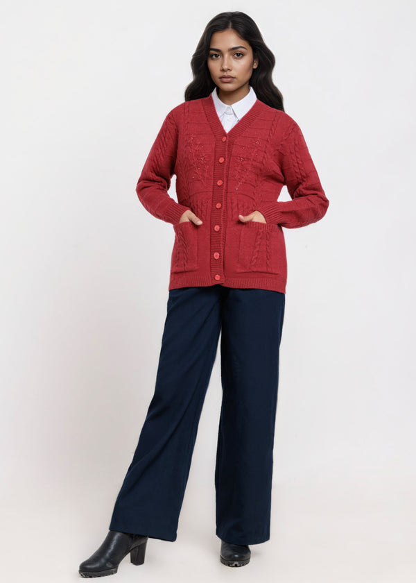 Red-V-Cardigan Full Sleeves Sweater (25Y-062-67)