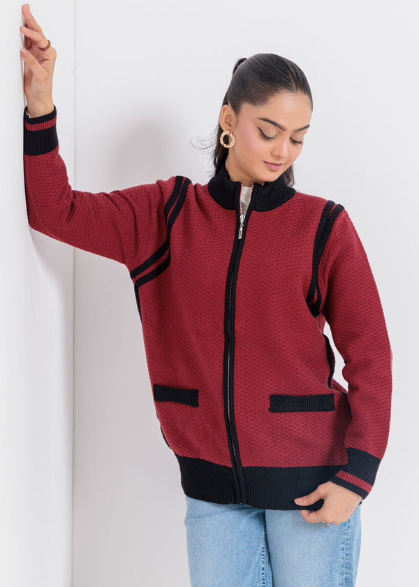 Maroon-Turtle Neck Zipper Full Sleeves Sweater (25Y-067-67)