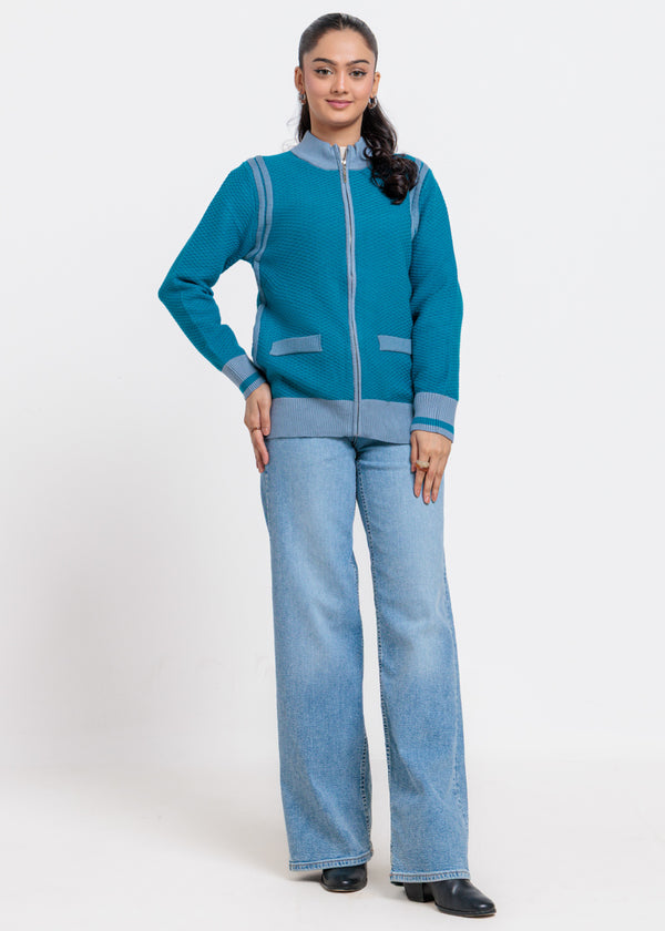 Teal-Turtle Neck Zipper Full Sleeves Sweater (25Y-067-67)