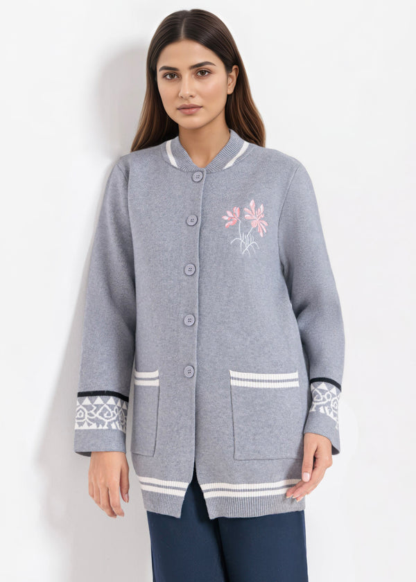 Grey-Baseball Collar Full Sleeves Cardigan Sweater (25Y-072-67)