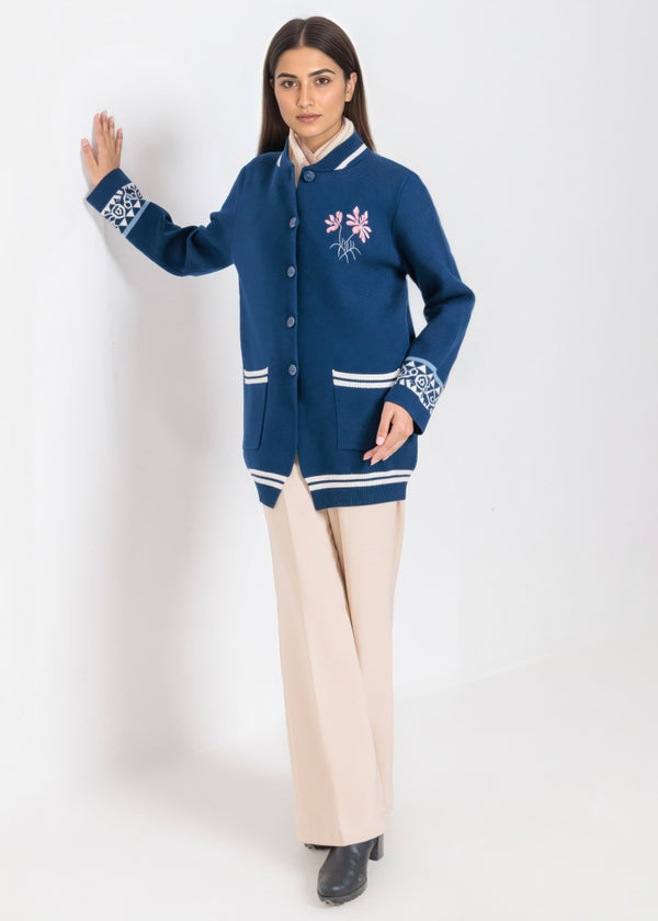 Navy-Baseball Collar Full Sleeves Cardigan Sweater (25Y-072-67)