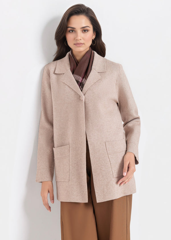 Beige-Notched Collar Full Sleeves Cardigan Sweater (25Y-074-67)