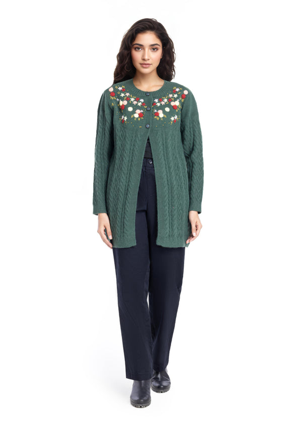 Green-Round Neck Full Sleeves Cardigan Sweater (25Y-077-67)