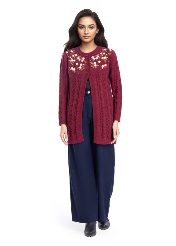 Maroon-Round Neck Full Sleeves Cardigan Sweater (25Y-077-67)