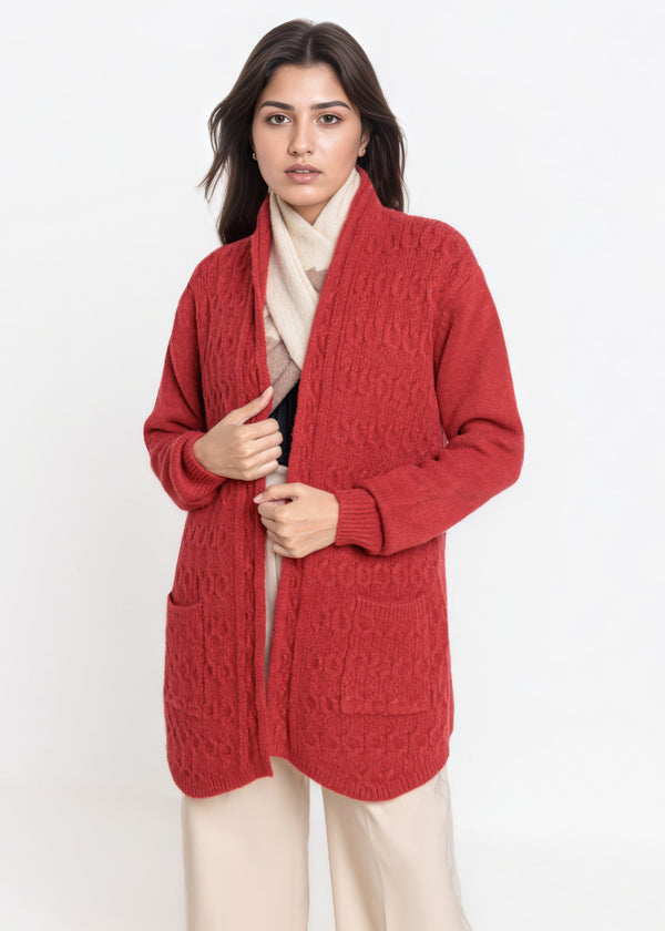 Red-Shawl Collar Full Sleeves Cardigan Sweater (25Y-078-67)