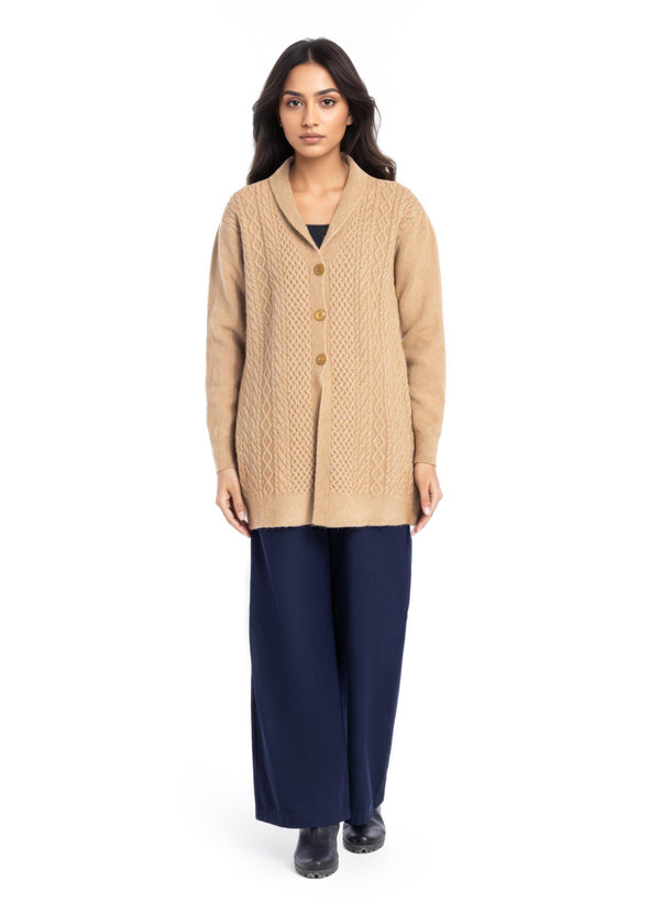 Beige-Shawl Collar Full Sleeves Cardigan Sweater (25Y-082-67)